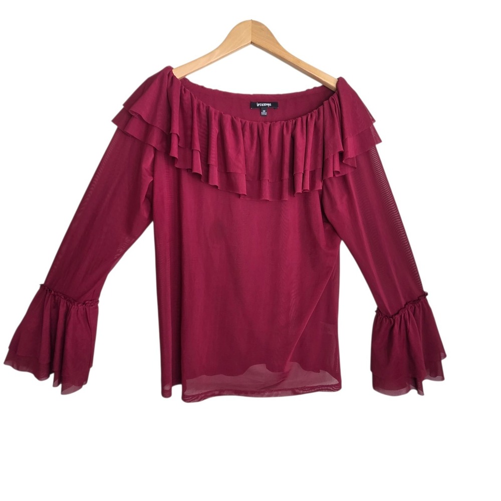 Ups & Downs Whimsigoth Burgundy Ruffle Top‎ Bell Cuff Sheer2X Fairy Grunge Y2K